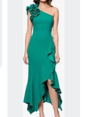 NWT Green Xscape women's one-shoulder midi dress ruffled shoulder side cascade